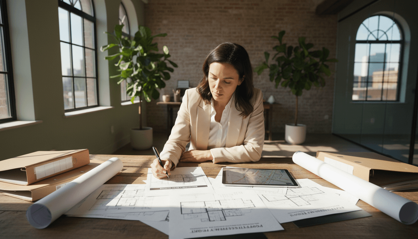 Professional reviewing property compliance documents at desk with blueprints