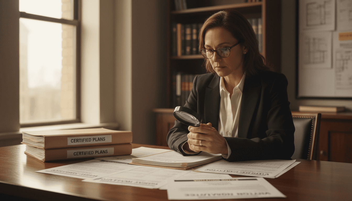 Property compliance consultant reviewing building permits and violation documents