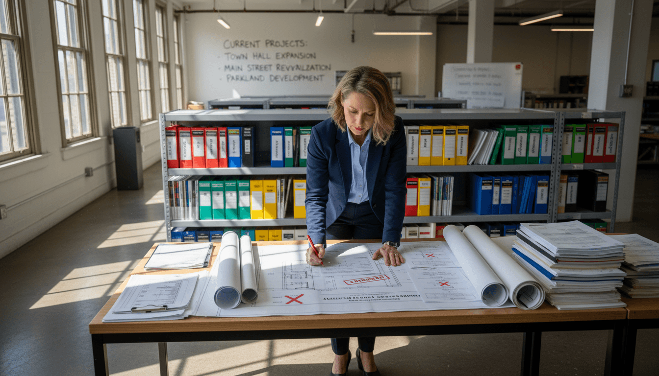 NY Property Compliance Solutions consultant reviewing building permits and compliance documents at desk