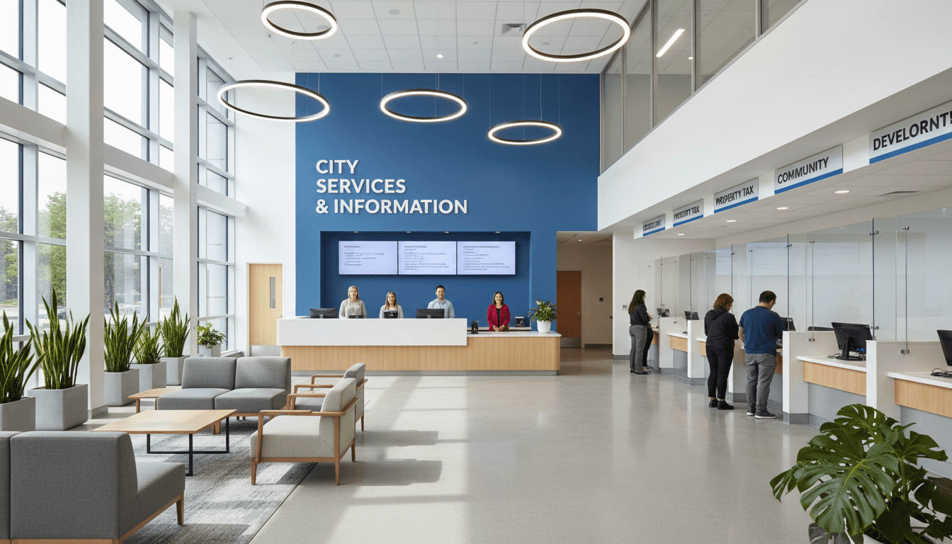 Bright municipal office reception area with staff assisting residents at service counters in modern city hall